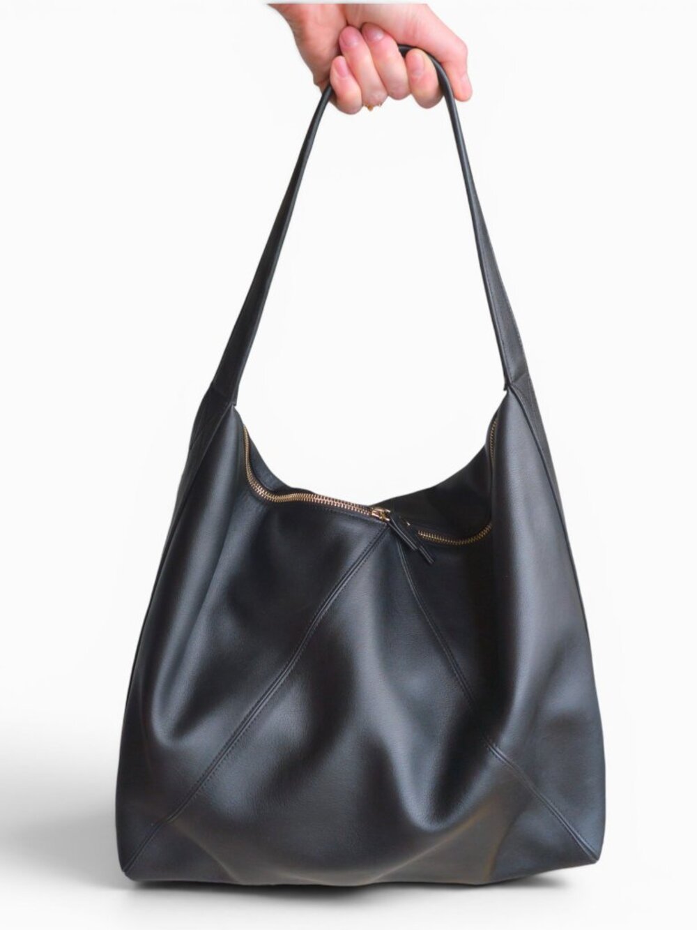Leatherology Ciera Maxi Black Leather Hobo, Full Grain w/ Double Zip